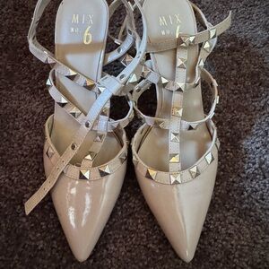 Mix No. 6 Patent Nude Pointed-Toe Studded Strappy Heels